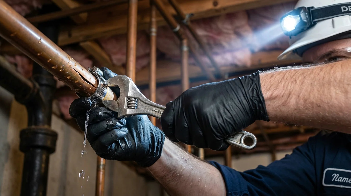 Emergency pipe clamp repair being performed by a Johns Plumbing LLC plumber in Chelsea