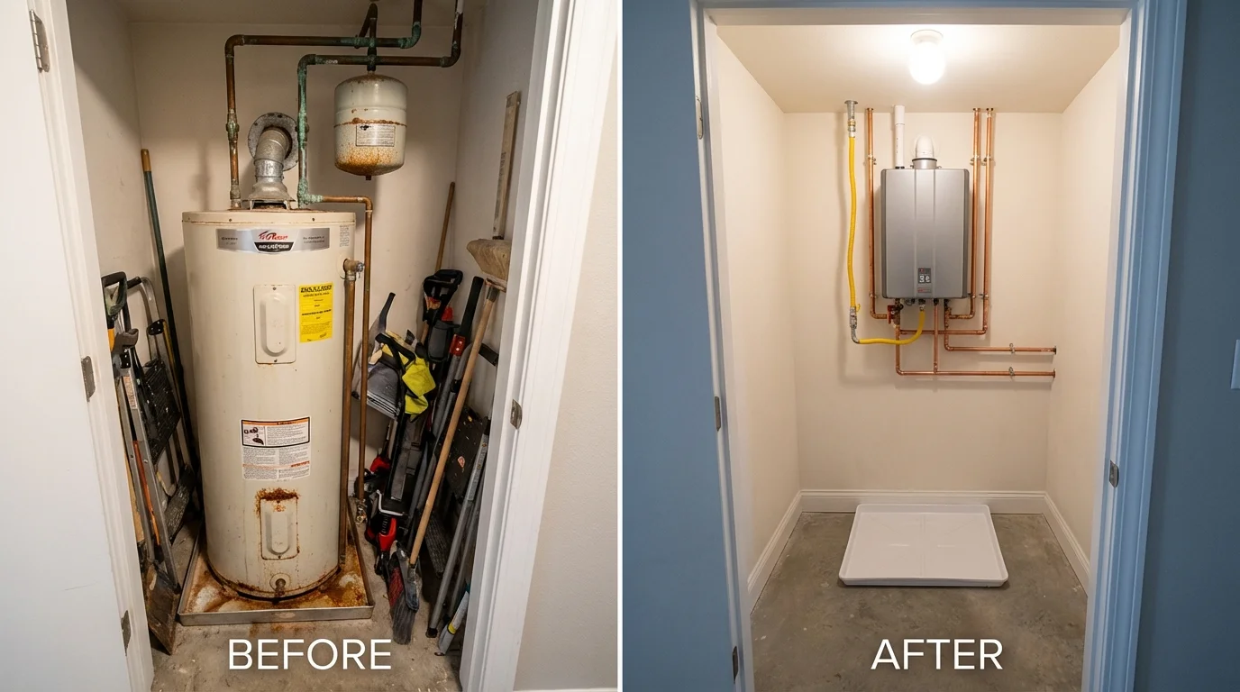 Tank water heater versus wall-mounted tankless unit comparison for Chelsea, MA homeowners