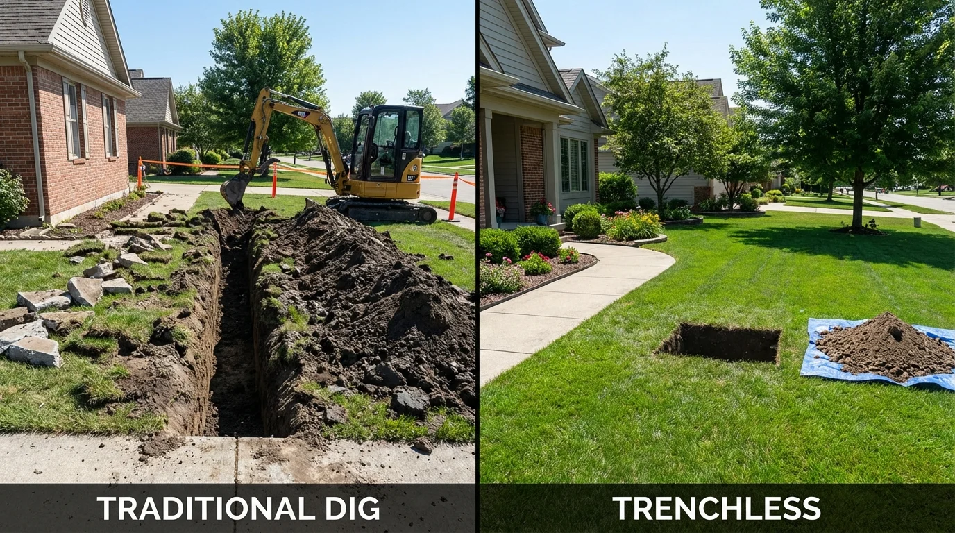 Trenchless sewer repair with minimal yard damage versus traditional excavation in Chelsea, MA