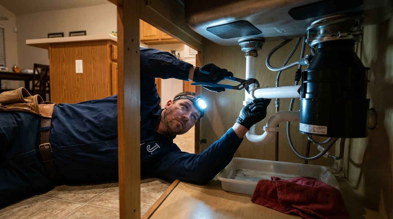 P-trap and supply line connections under a kitchen sink showing a common leak point in Chelsea, MA